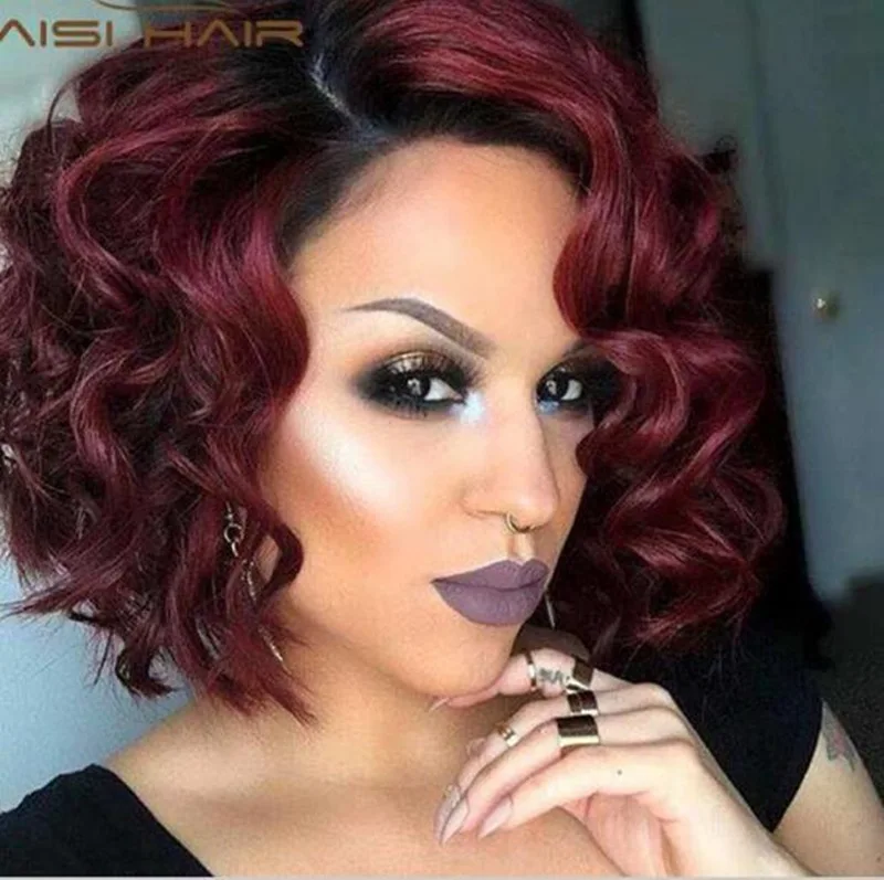 

Wholesale red short curly chemical fiber wigs with inner mesh headgear available for European and American women.