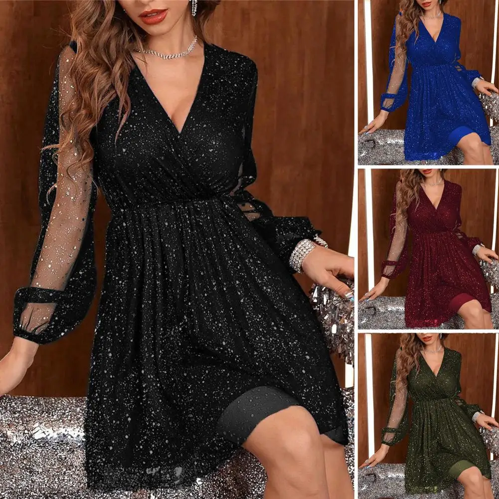 

Women Prom Dress Shiny Sequin V Neck Mini Dress with Mesh Sleeves for Women Double-layered Tight Waist Prom Cocktail for Spring