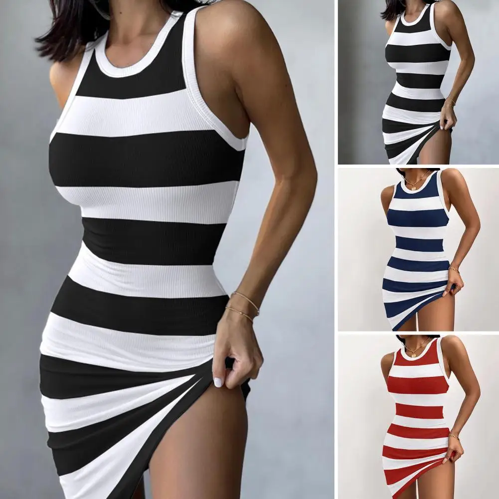 

Women Vest Dress Striped Print Mini Dress for Women Slim Fit Bodycon Sundress with O-neck A-line Stretchy Summer Dress Elegant