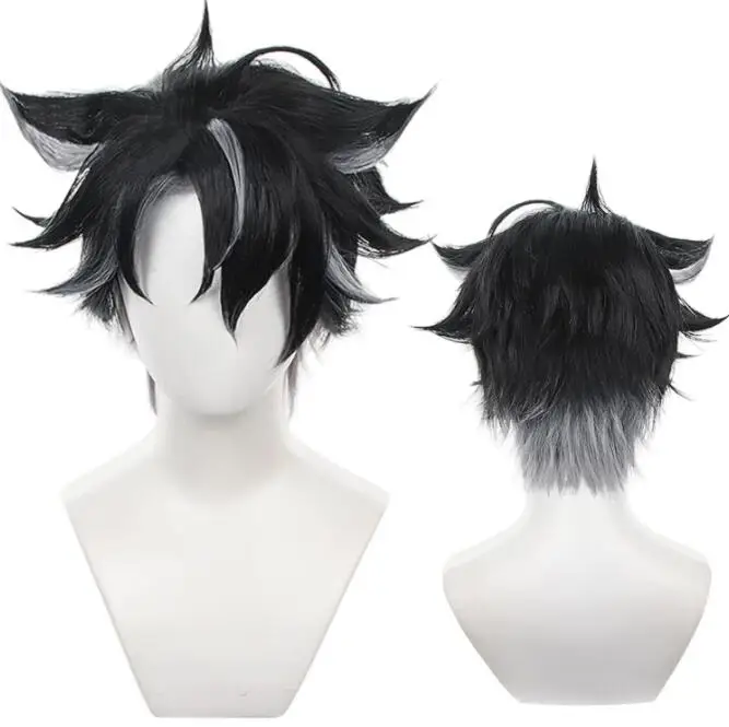 

Парик для косплея из синтетического волокна Wriothesley, парик для косплея Game Genshin Impact, черно-белый, серебристо-серый микс, с короткими волосами