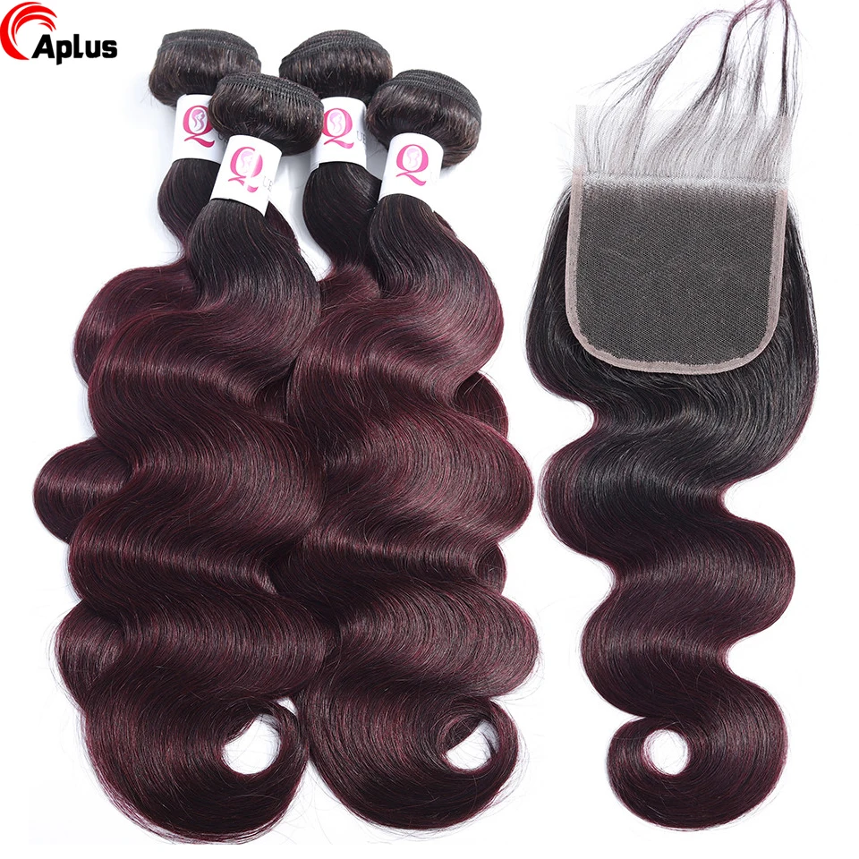 

1B Burgundy 99j Bundles With Closure Ombre Human Hair Bundles With Closure Brazilian Body Wave Bundles With Closure Pre-Plucked