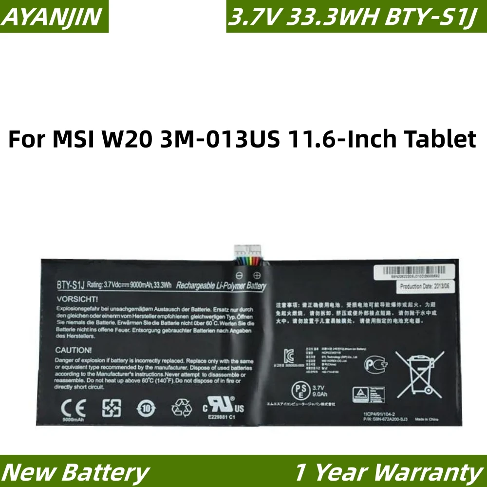 

BTY-S1J 3,7 V 9000mAh 33,3wh Аккумулятор для ноутбука MSI W20 3M-013US 11,6-Inch Tablet Series