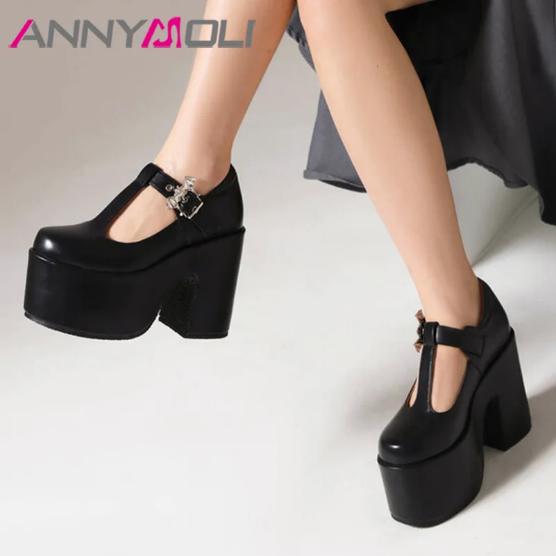 

ANNYMOLI Women Pu Leather Pumps Platform Super High Hoof Heels Round Toe T-Tied Belt Buckle Concise Spring Autumn Shoes White