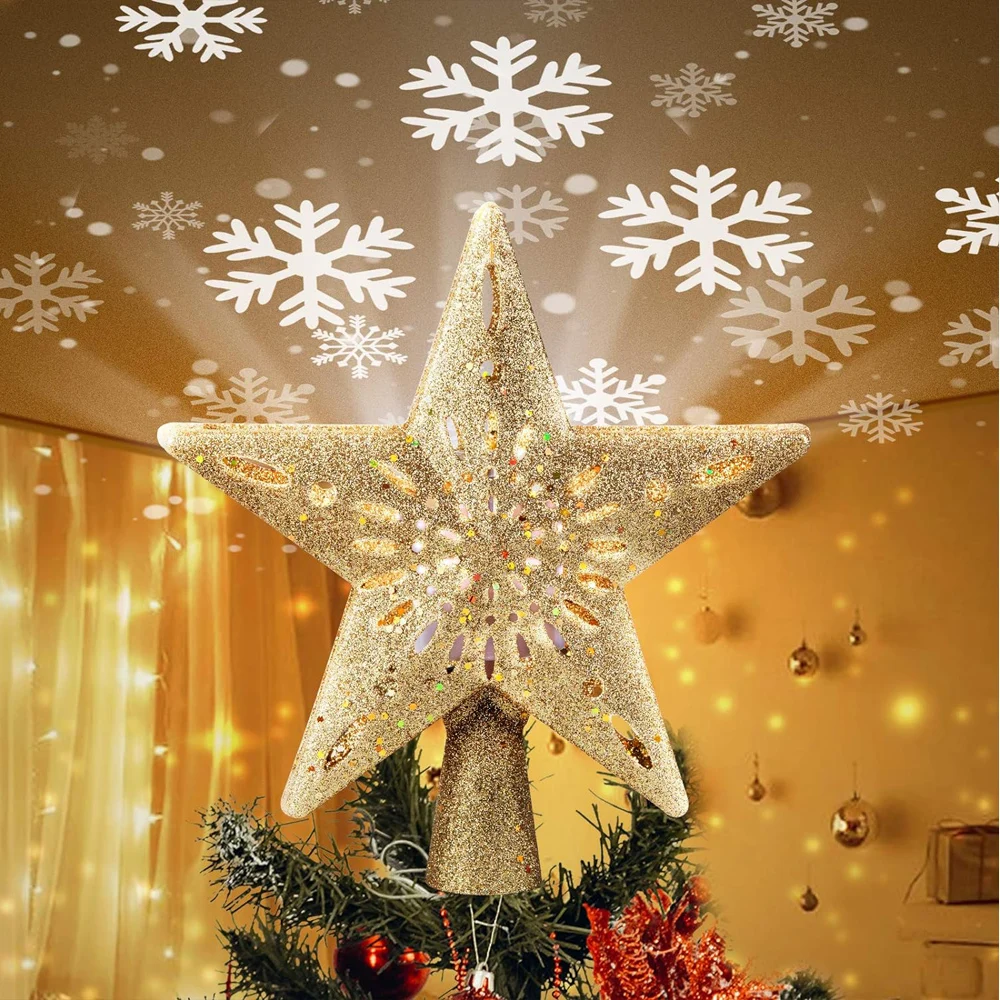 

Christmas Tree Topper Lighted with Built-in Led Rotating Snowflake Projector Lights, 9.6” Hollowed Tree Topper with Plug