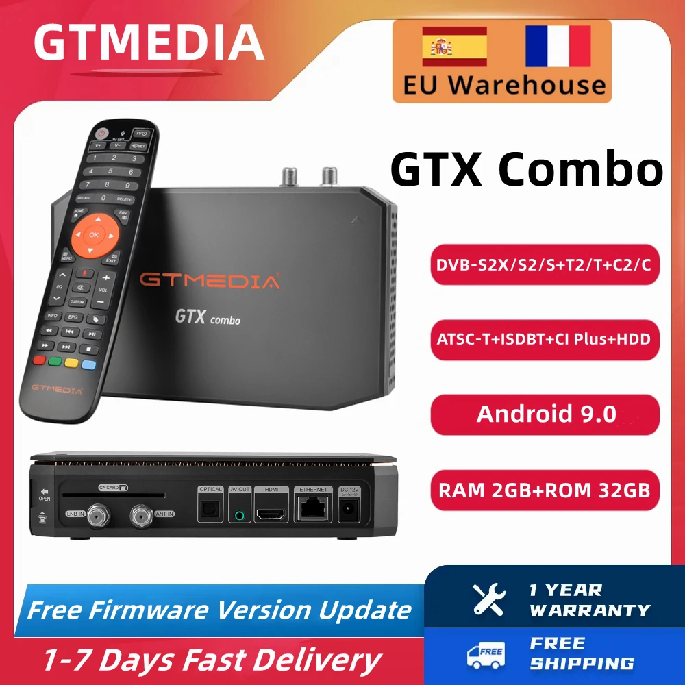 

GTMEDIA GTX Combo 4K/8K UHD Smart TV Box Android 9.0+DVB-S/S2/S2X+T/T2+C/C2,2G+32G,CA Card Slot&CI+1.4,SATA-HDD,BT4.1 Decoder