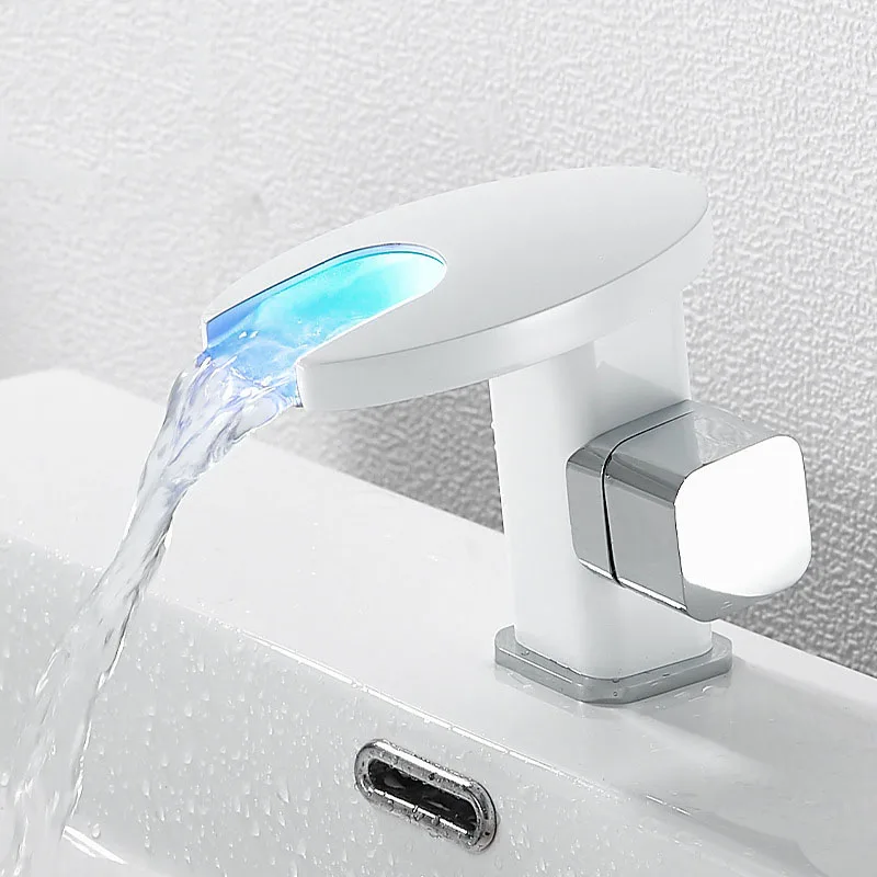 

LED Wash Basin Bathroom Cabinet Waterfall Bathroom All Copper Cold and Hot Water Mixer Tap Basin Temperature Color Change Faucet