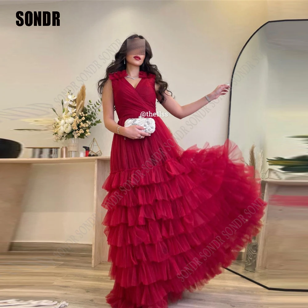 

SONDR Stunning Red Tulle Long Prom Dresses V Neck Tiered Layered Floor Length Evening Gowns Formal Party Dress 2023 Vestidos