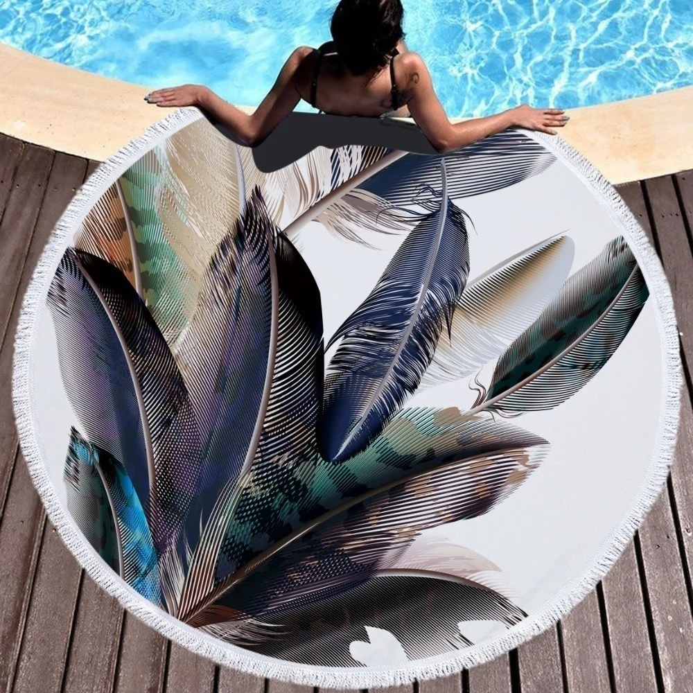 

XC USHIO Fashion Feather Round Beach Towel With Tassel 450g Microfiber 150cm Swimming Bath Towel Tapestry Yoga Blanket Carpet