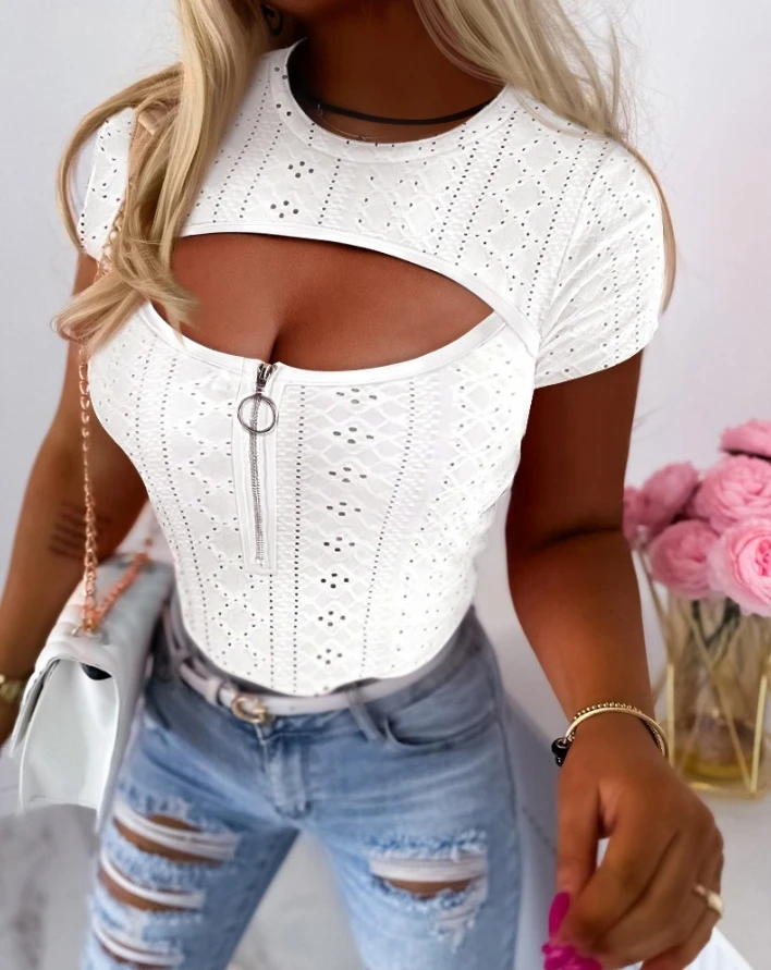 

New 2024 Summer Women Solid Color Hollow Out Design Eyelet Embroidery Cutout Zipper Decor T-Shirt Pullover Tops Female Clothing