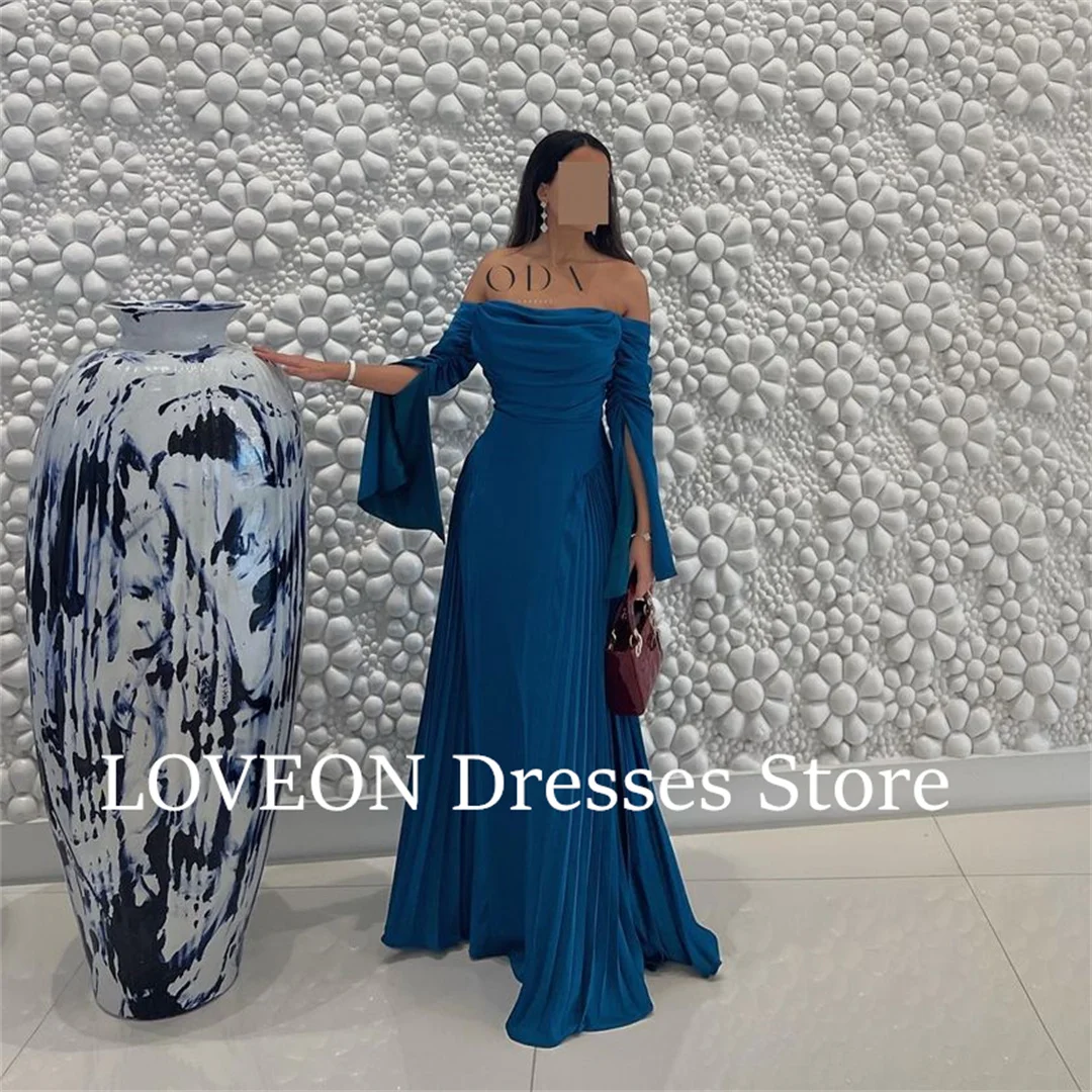 

GIOIO Off-Shoulder Evening Dresses Long Sleeves Formal Satin Ruched Blue Vintage Pleats Elegant Prom Gowns Party Women