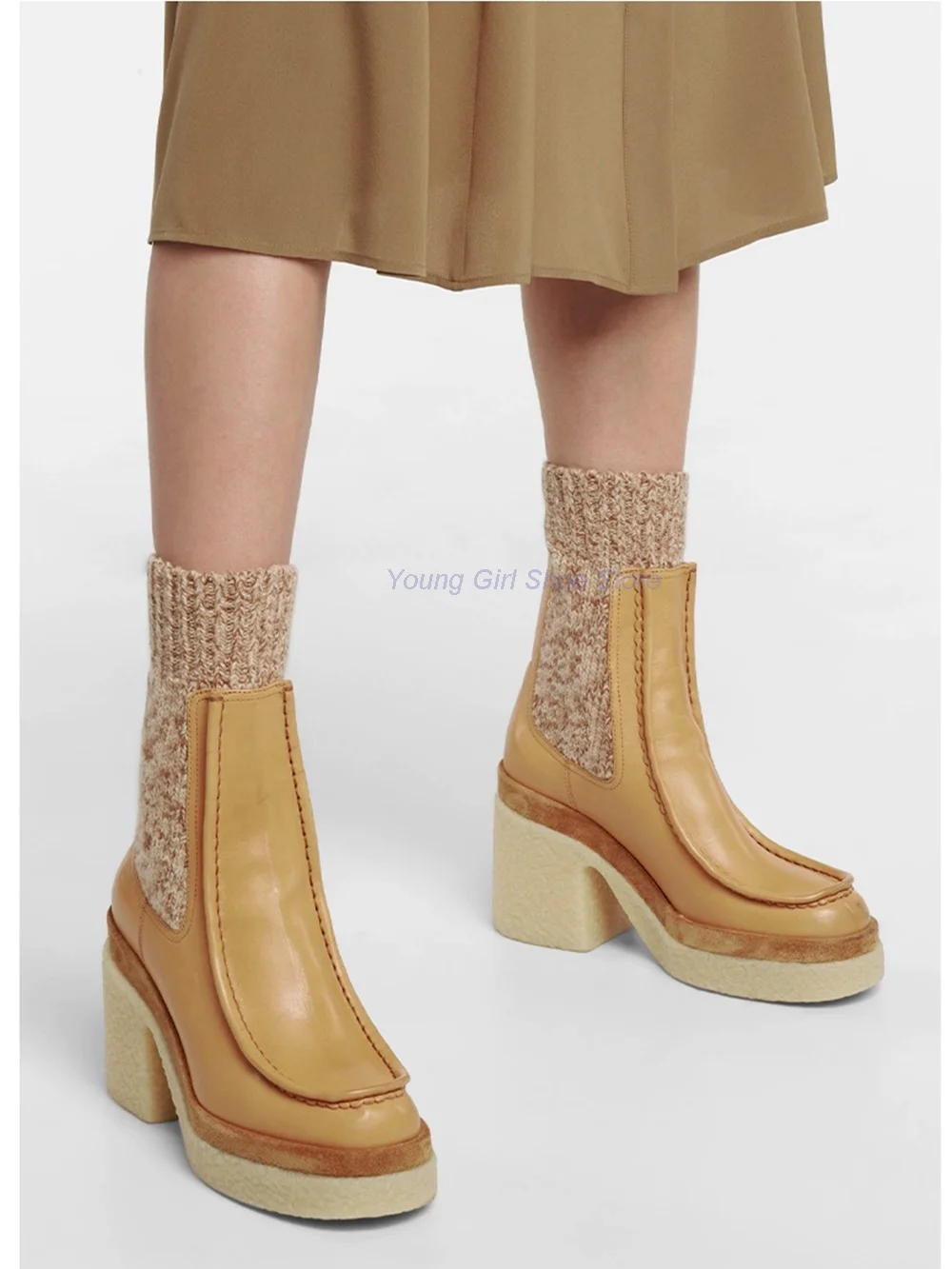 

Platform Knit Sock Boots Splicing Caramel Women Shoes Real Leather Ladies Chunky Block Heels Winter Soft Mixed Color Slip On