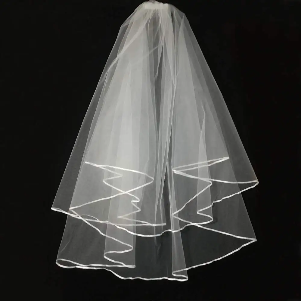 

White Wedding Veil,2 Tier Ribbon Edge Center Cascade Bridal Veil with Comb for Bachelorette Party 2023