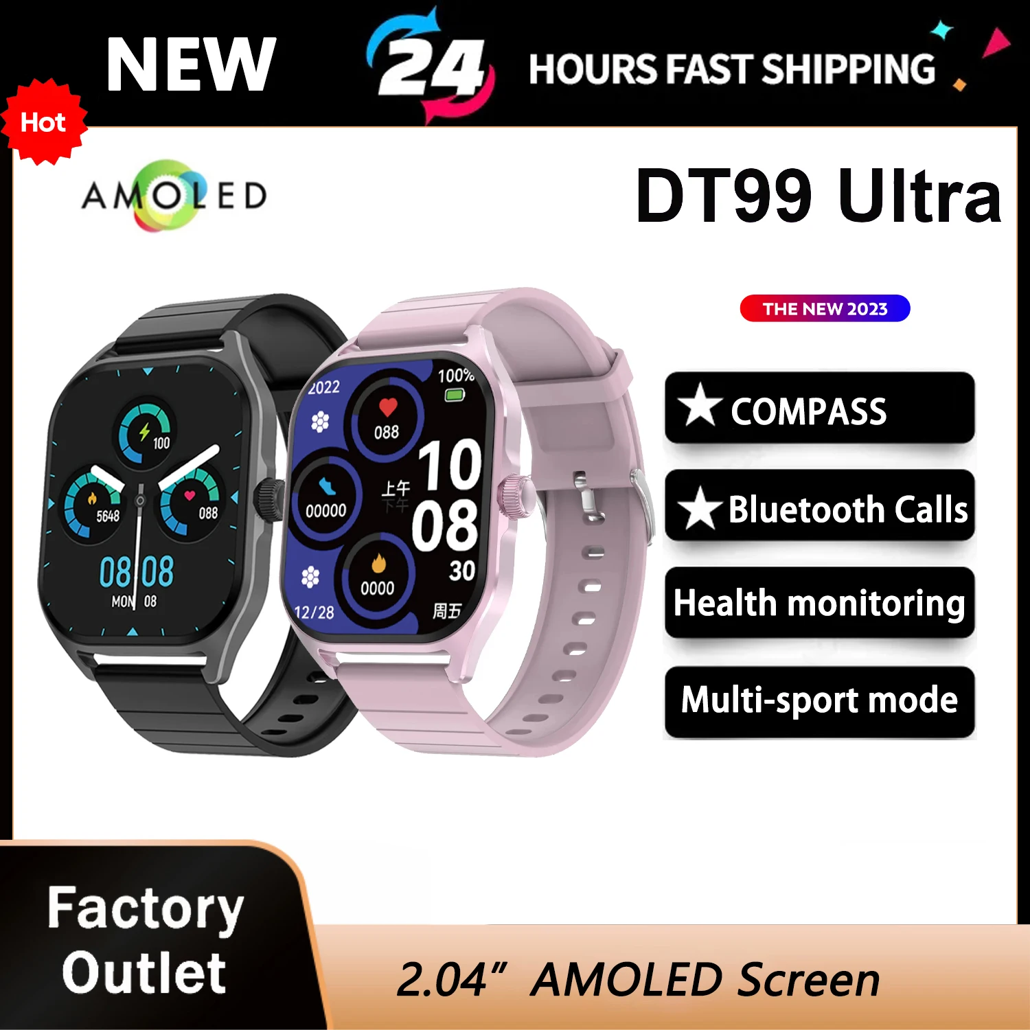 

New DT99 Smart Watch AMOLED Compass Bluetooth Call Voice Female Assistant Blood Oxygen Waterproof 150+ Sports Smartwatch PK HK9