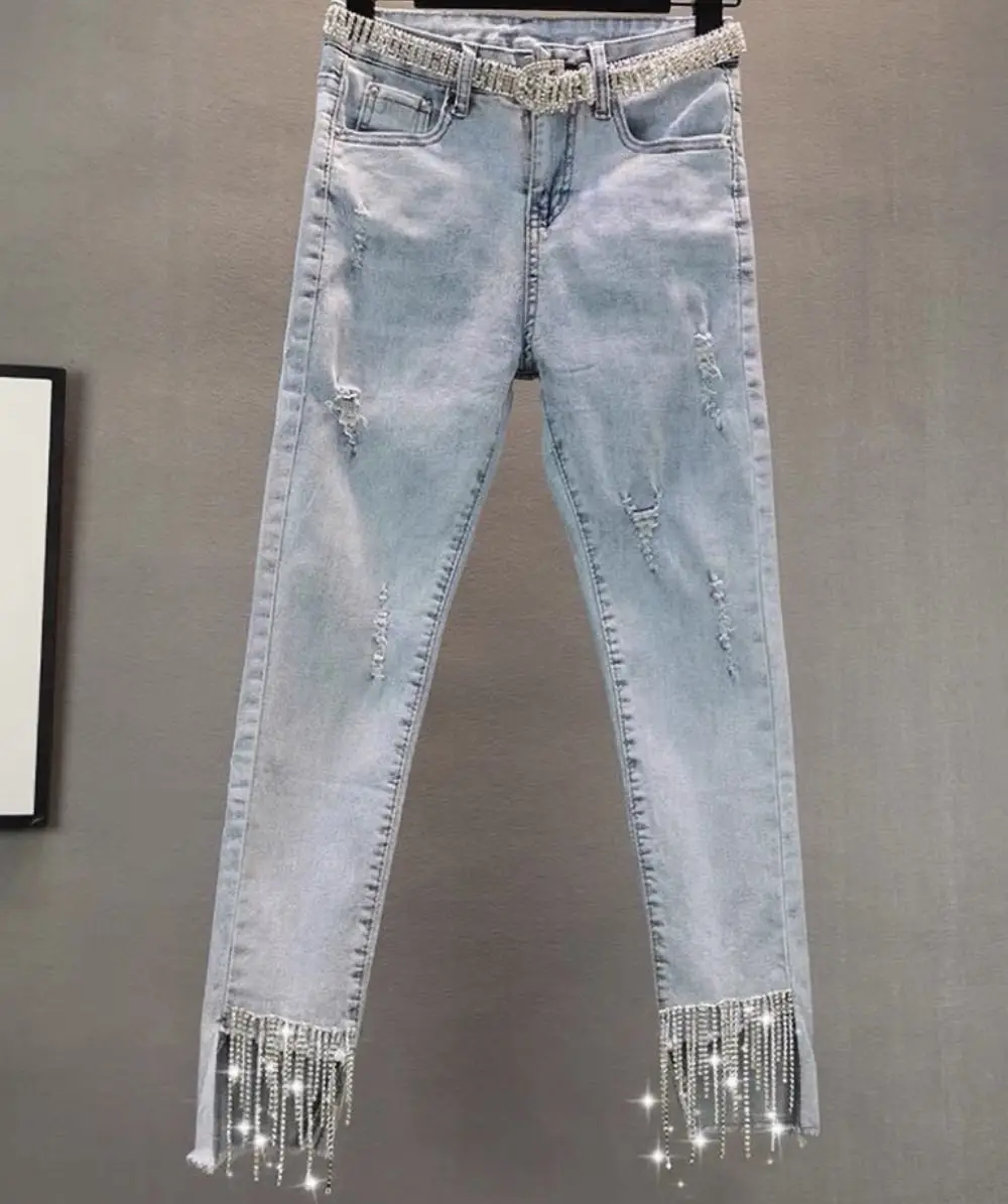 Hot Drilling Rhinestone Tassels Pencil Pants Ladies Stretch Slim High Waist Light Blue Ripped Jeans Women Denim Pants Trouses
Hot Drilling Rhinestone Tassels Pencil Pants Ladies Stretch Slim High Waist Light Blue Ripped Jeans Women Denim Pants Trouses