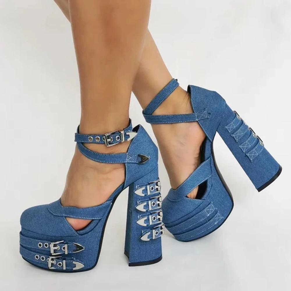 Rivet Metal Platform Sandals Round Toe Denim Buckles Straps Chunky High Heels Solid Pumps Women Spring Party Designer Sexy Shoes
Rivet Metal Platform Sandals Round Toe Denim Buckles Straps Chunky High Heels Solid Pumps Women Spring Party Designer Sexy Shoes