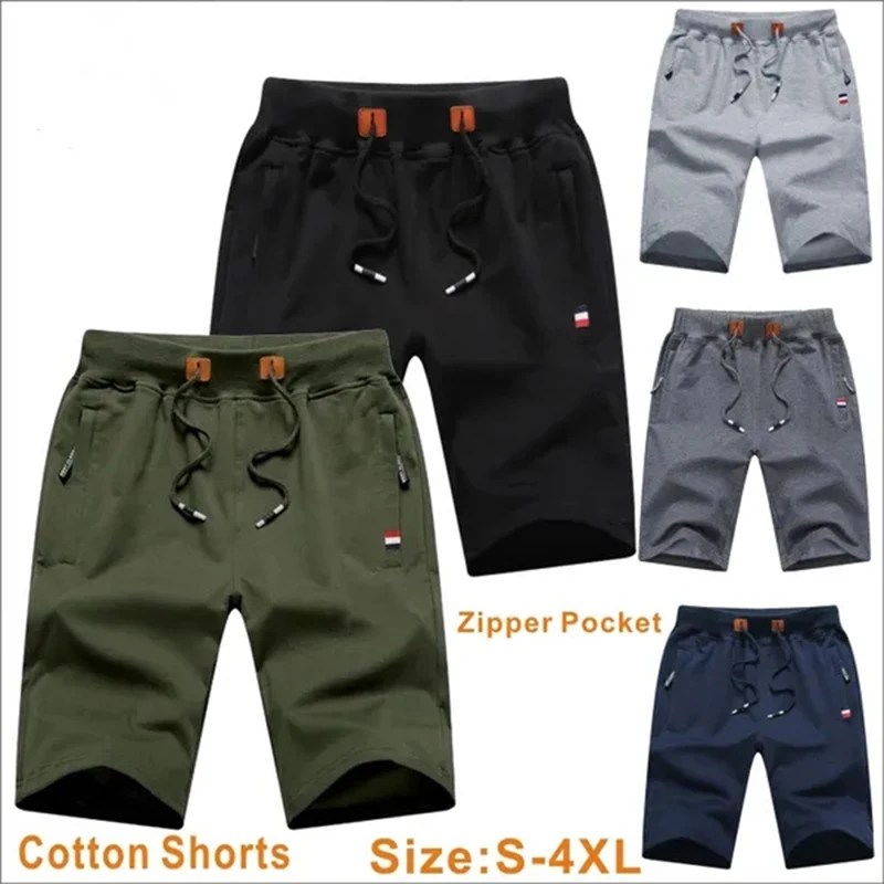 

New men's casual summer sports jogging drawstring shorts solid color zippered pocket pants cotton beach shorts