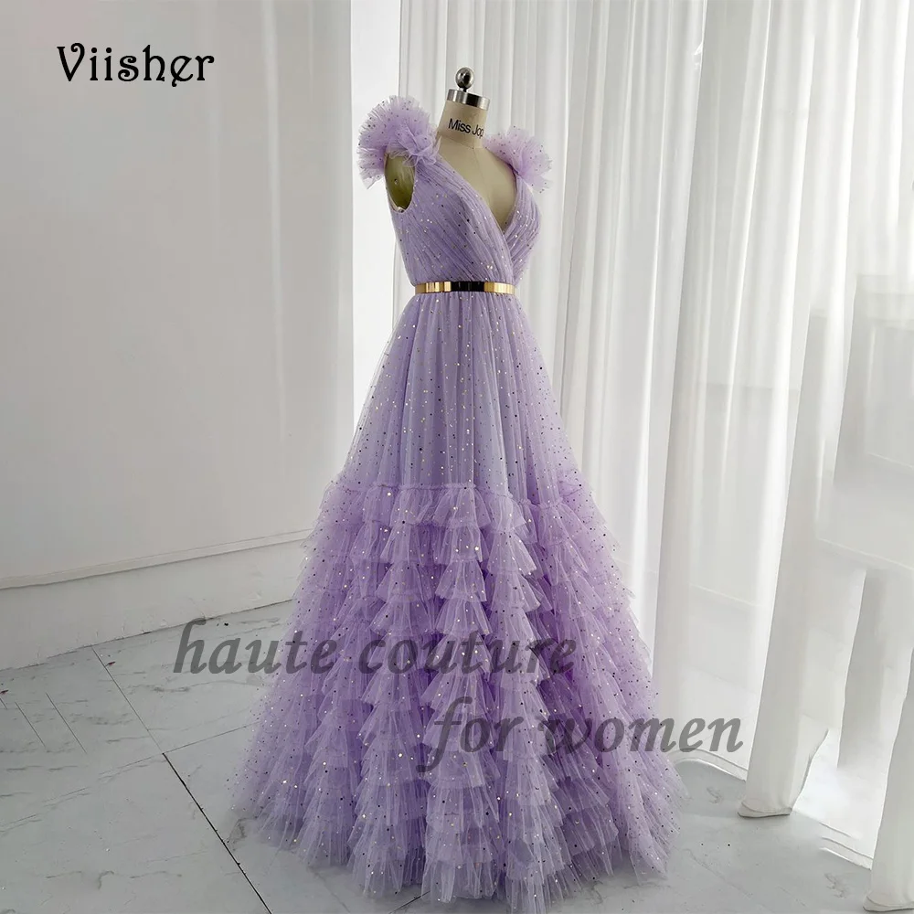 

Lavender Star Tulle Sparkly A Line Prom Party Dresses V Neck Fairy Evening Dress Floor Length Celebrate Event Gowns Backless