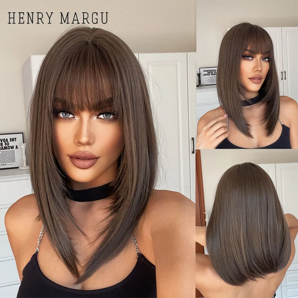 

HENRY MARGU Straight Chestnut Brown Black Synthetic Wig with Bang Layered Medium Length Wigs for Women Daily Heat Resistant Hair