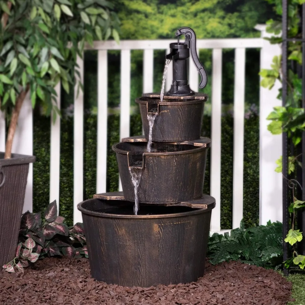 

Outdoor Floor Tiered Rustic Pump and Barrel Water Fountain Old-Fashioned Waterfall Decoration Indoor Fountains Accessories Home