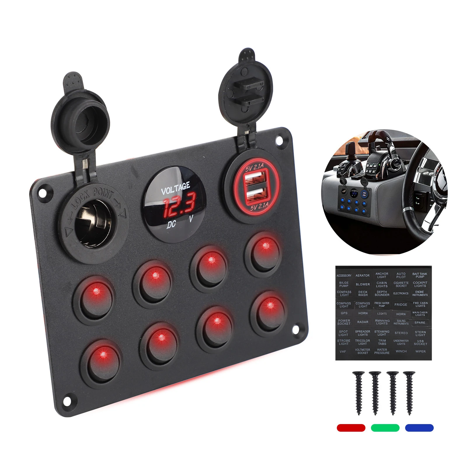 Switch Panel 12-24V 8 Gang Dual USB Charger Waterproof Digital Switch Dual Port Outlet Combination LED Rocker for RV Truck Boat
Switch Panel 12-24V 8 Gang Dual USB Charger Waterproof Digital Switch Dual Port Outlet Combination LED Rocker for RV Truck Boat