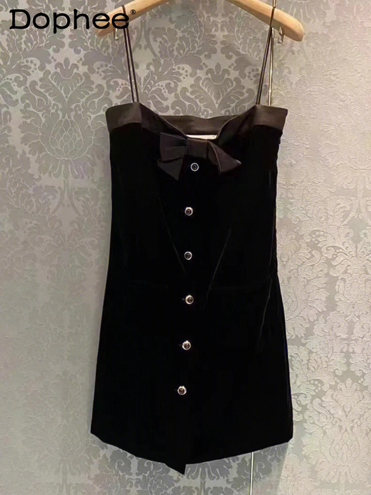 

Fashion Bowknot Black Velvet Suspension Dress Female 2023 Autumn New Sexy Sleeveless Waisted Evening Dresses for Women