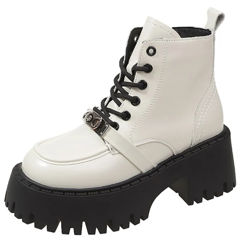 

Женские ботильоны на платформе 7 см, кожаные ботинки на толстой подошве, на шнуровке, в стиле панк, мотоциклетные ботинки на массивном каблуке, для осени и зимы