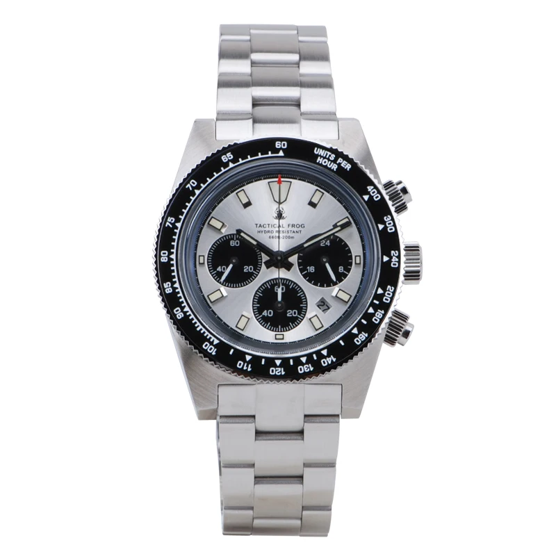 Tactical Frog Men's Chronograph Wristwatch Silver Dial Sapphire Crystal VS75A Quartz Movement Luminous 20Bar Waterproof 
Tactical Frog Men's Chronograph Wristwatch Silver Dial Sapphire Crystal VS75A Quartz Movement Luminous 20Bar Waterproof