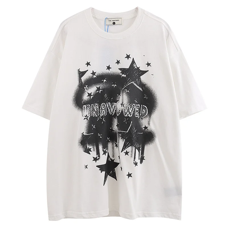 

Summer American Retro Star Print Short sleeved T shirt Fashion Street Couple Y2K Personalized Simple Harajuku Half sleeved Top