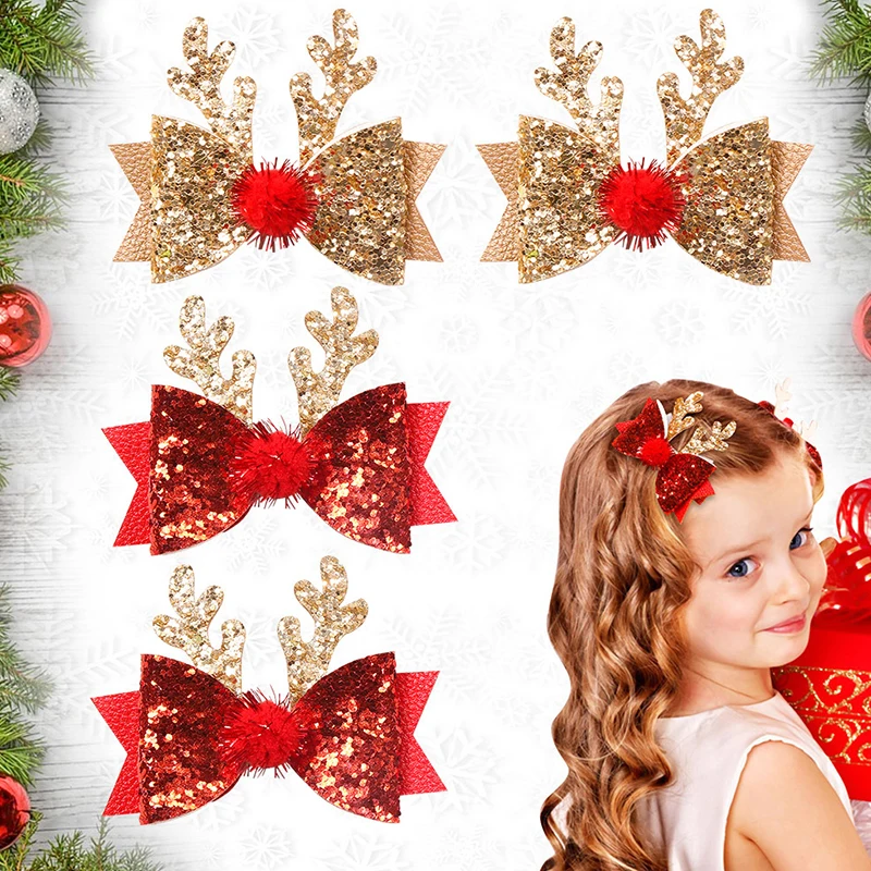 

Christmas Headdress Glitter Sequins Cute Antler Kids Hair Clip Elk Bow Hairpin Girls Xmas Headwear