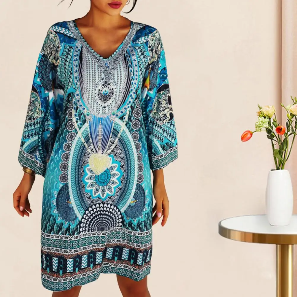 

Printed Dress Ethnic Style Print Women's Summer Midi Dress with V Neck Long Sleeves Soft Breathable Casual Lady Daily for Knee
