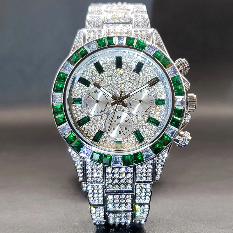 

Ice Out Green Diamond Watch for Men Brand Luxury Sport Style Chronograph Men's Quartz Watches Durable Clock Good for Value