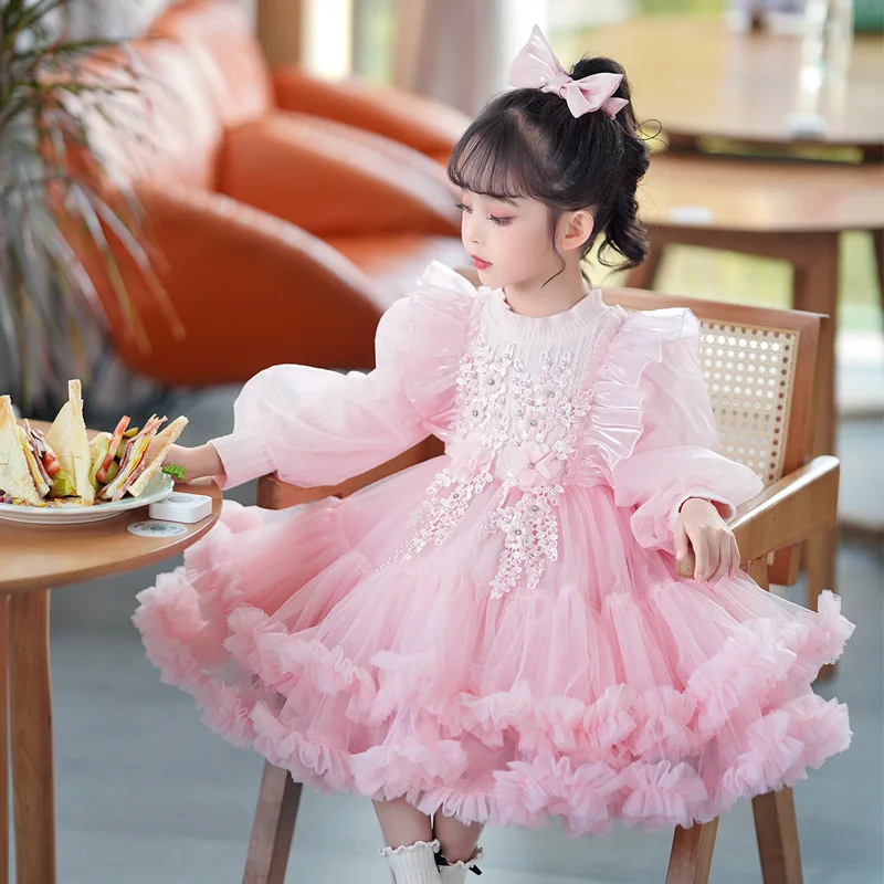 

Long sleeved Kids Dress for Girls Wedding Lace flower Girl Dress Princess Party Pageant Formal Gown For Teen Children Dress