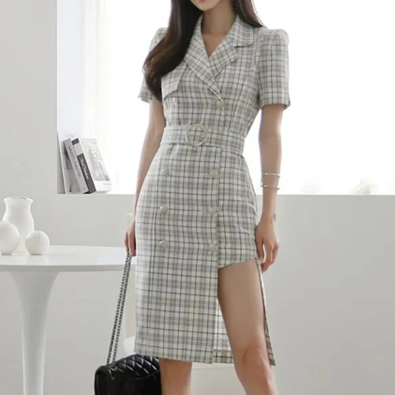 Plaid Split Dress Bodycon Women Notched Neck Korean Elegant Women's Clothing Streetwear Summer Short Sleeve Vestidos OL
Plaid Split Dress Bodycon Women Notched Neck Korean Elegant Women's Clothing Streetwear Summer Short Sleeve Vestidos OL