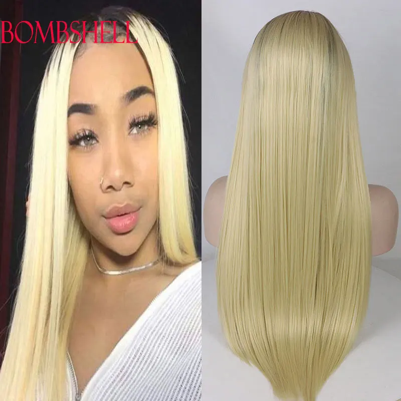 

Bombshell Ombre Blonde Straight Glueless Synthetic 13X4 Lace Front Wigs High Quality Heat Resistant Fiber Pre Plucked For Women