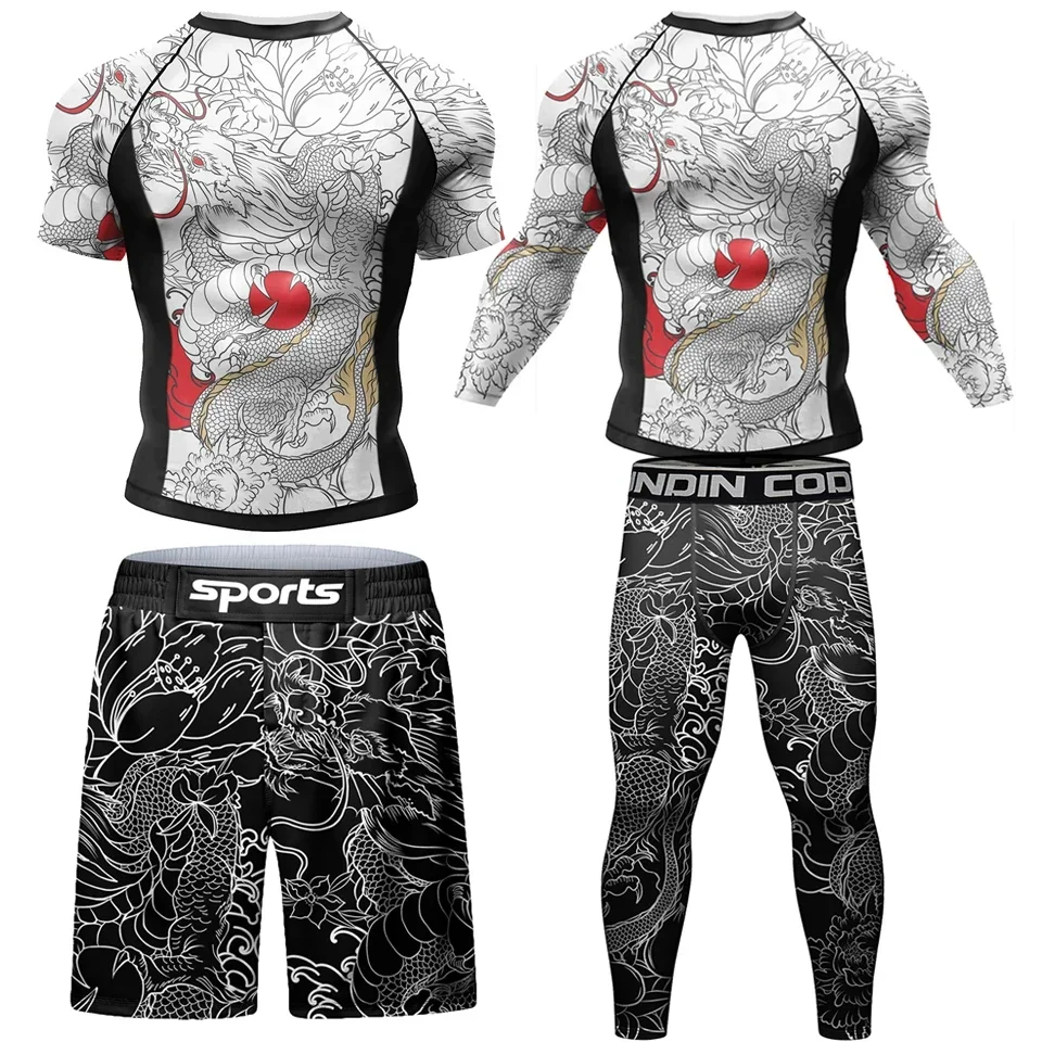 

New Compression MMA Rashguard T-shirt Men's Running Suit Muay Thai Shorts Rash Guard Sports Gym Bjj Gi Boxing Jerseys 4pcs/Sets