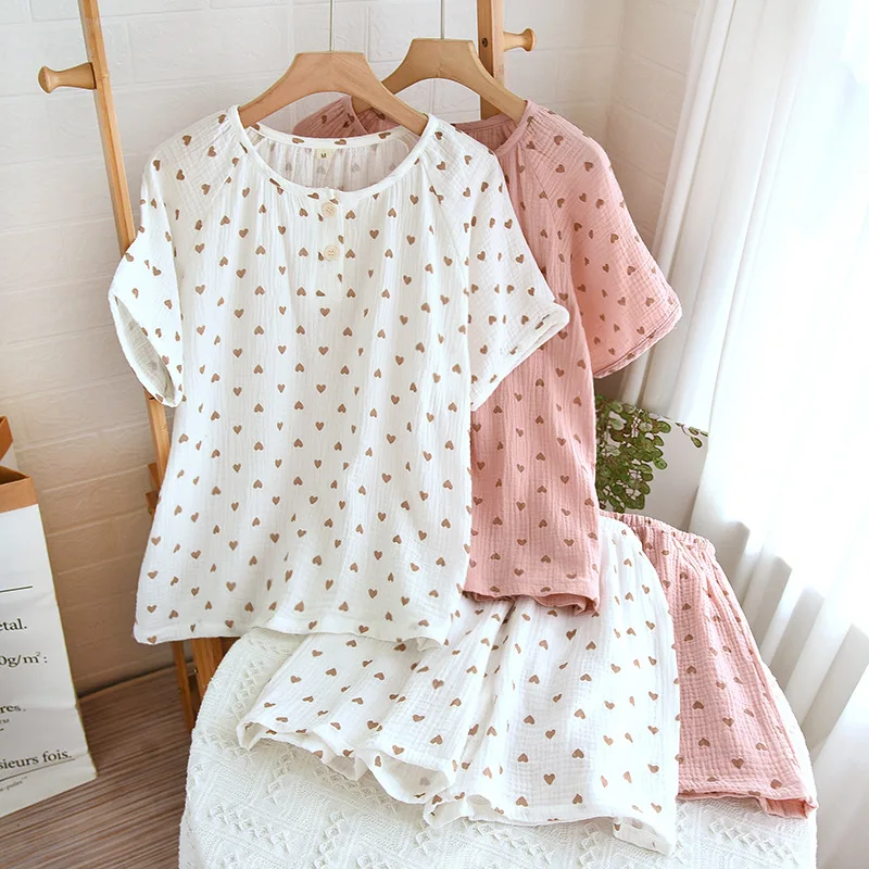 

2024 Summer New Women's Pajamas Short Sleeve Shorts Set All Cotton Crepe Pullover Two Piece Loose Sweetheart Home Furnishing