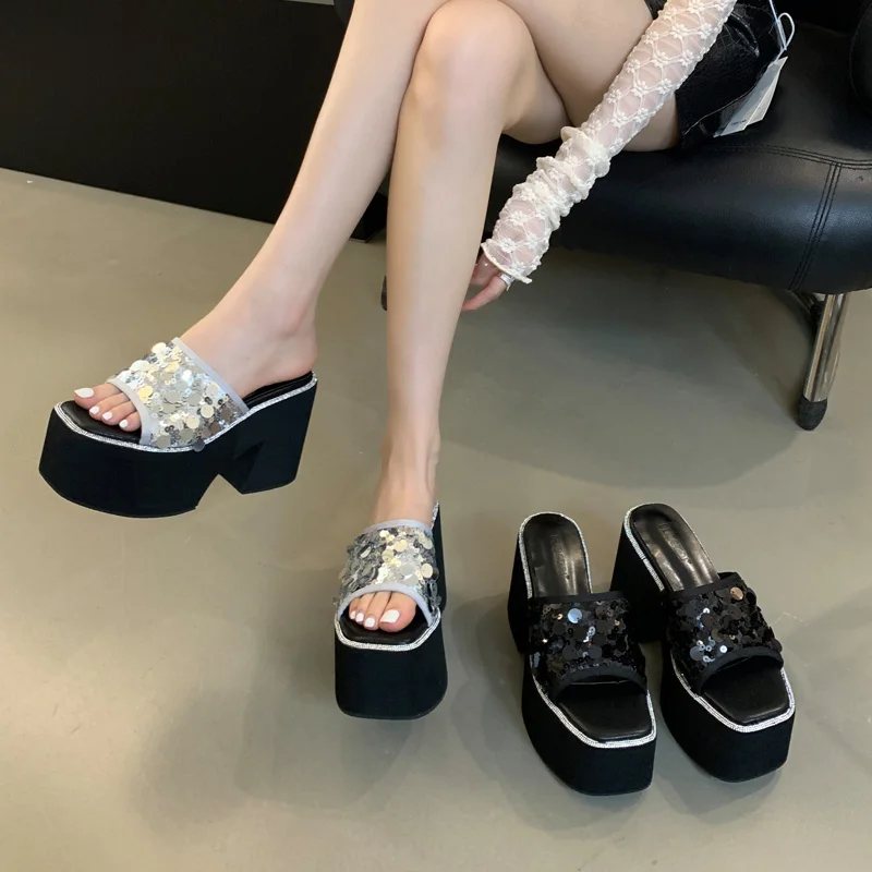 Silver Casual Slippers 10cm Chunky Platform Gladiator Sandals Black Sequin Summer Shoes Women Heels Sandale Ete Femme 2024 Talon
Silver Casual Slippers 10cm Chunky Platform Gladiator Sandals Black Sequin Summer Shoes Women Heels Sandale Ete Femme 2024 Talon