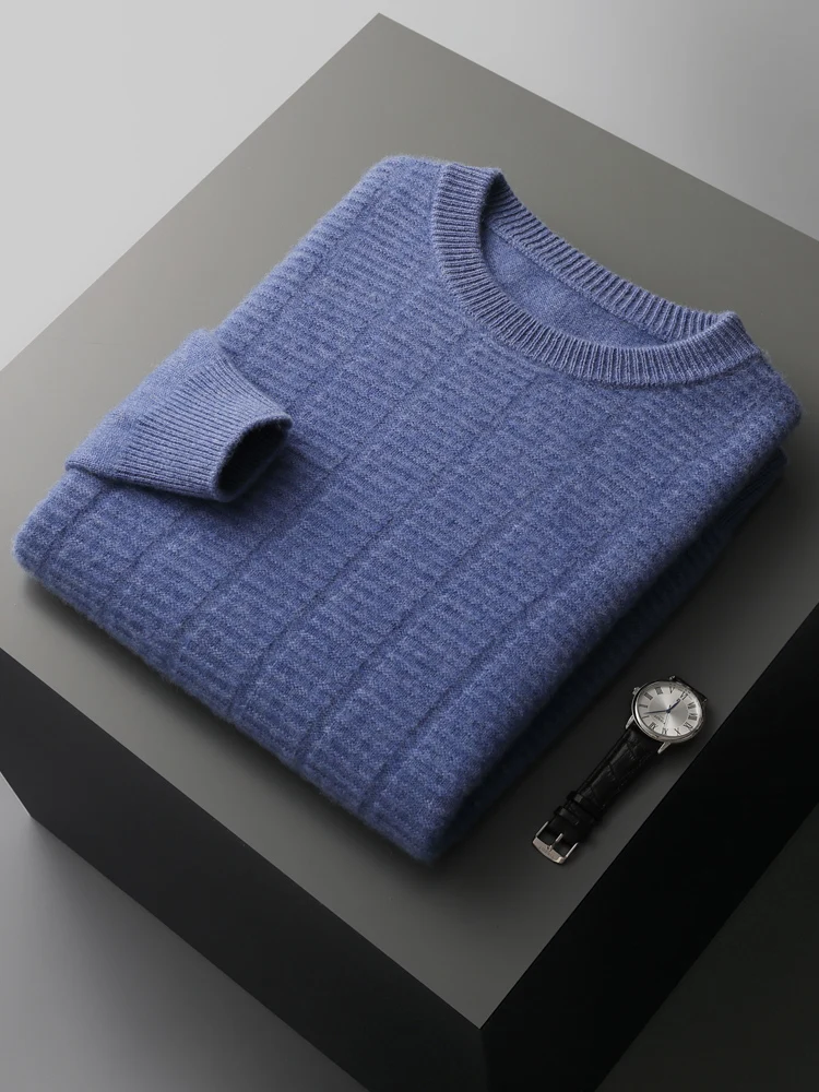 

ADDONEE Men's O-neck Pullover Cashmere Sweater For Autumn Winter 100% Cashmere Knitwear Striped Soft Warm Smart Casual Jumper