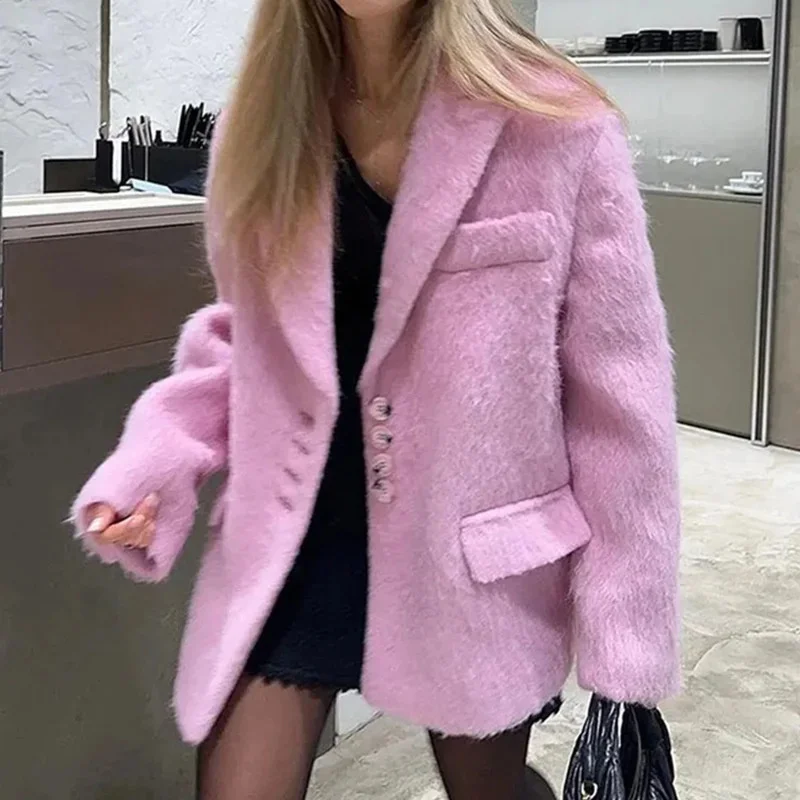 

Женское шерстяное пальто с лацканами, розовое однобортное пальто свободного покроя с длинным рукавом, короткое пальто на осень и зиму