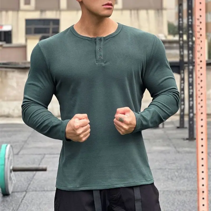 

Spring and autumn new cashmere men's long sleeve T-shirt casual shirt button round fashion solid color T-shirt sports men's wear