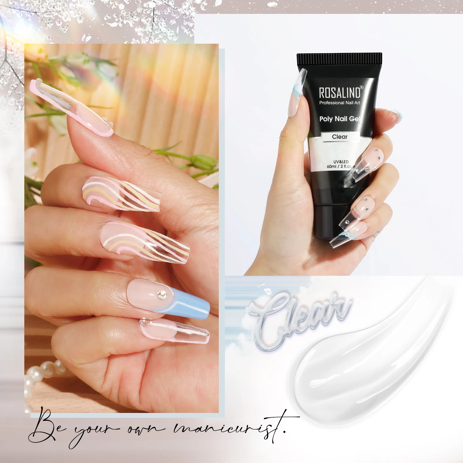 ROSALIND Trendy Poly Nail Gel Clear UV Semi Permanent Quick Extension Nail Gel Need Top Base Coat Acrylic For Nail Art 60ML 
ROSALIND Trendy Poly Nail Gel Clear UV Semi Permanent Quick Extension Nail Gel Need Top Base Coat Acrylic For Nail Art 60ML