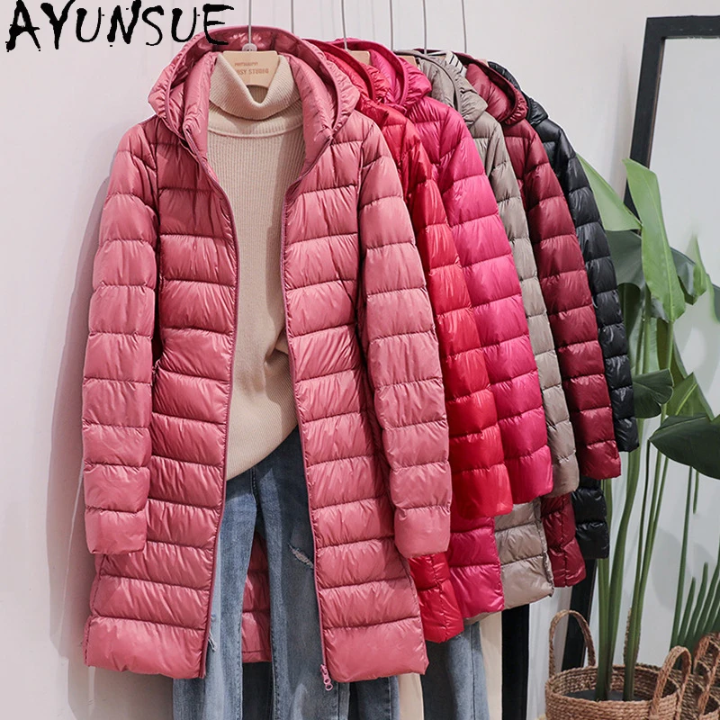 

AYUNSUE Winter Womens Down Jackets Long Ultra Light Thin Casual Coat Puffer Jacket Slim Remove Hooded Parka jaqueta feminina