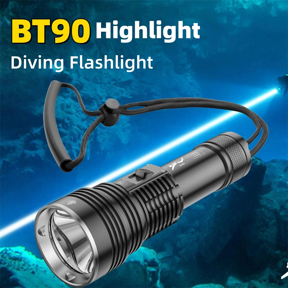

BT90 Diving Flashlight Scuba Dive Light Underwater IPX8 Waterproof Long-range Spotlight Torch 26650 Battery Hand Torch