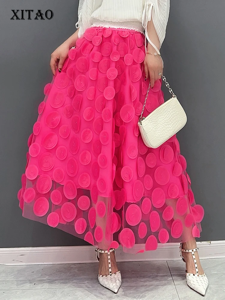 

XITAO Patchwork Mesh Skirt Polka Dot Solid Color Women Fashion Spring Korea Simplicity Casual Loose A-line Skirt DMJ4091