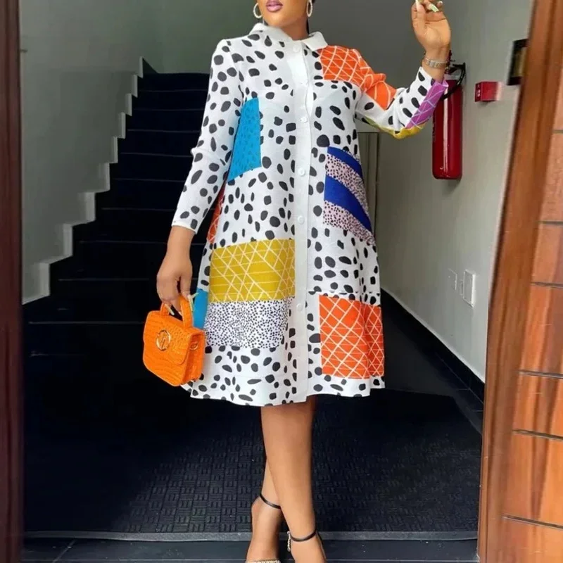 Fashion Patchwork Block Print Loose Dress Women Elegant Lapel Buttoned Party Dresses Fall Casual Long Sleeve A-Line Shirt Dress
Fashion Patchwork Block Print Loose Dress Women Elegant Lapel Buttoned Party Dresses Fall Casual Long Sleeve A-Line Shirt Dress