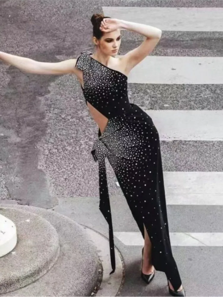 Блестящее соблазнительное ажурное платье со стразами, диагональная Наплечная Сумка, ягодицы, черное роскошное банкетное платье