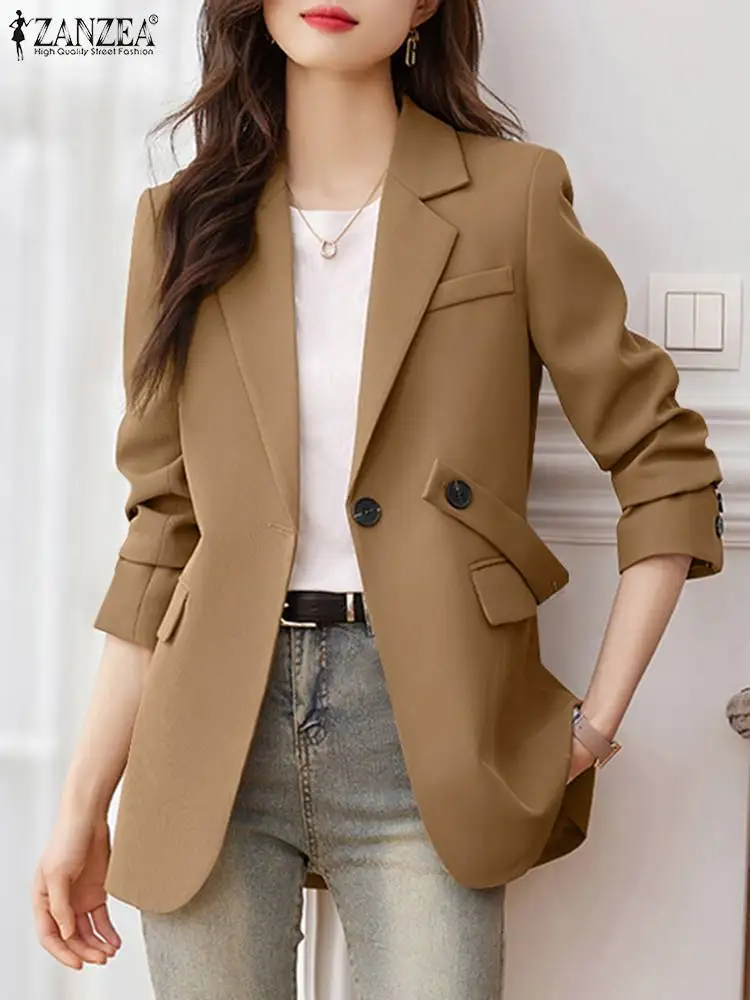 

Женский винтажный однотонный Блейзер ZANZEA, корейская мода, рабочая верхняя одежда, куртки с длинным рукавом и воротником с лацканами, осенние элегантные женские пальто 2024