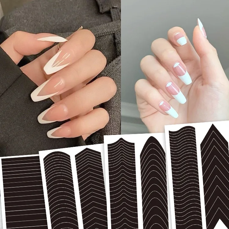 

1 Sheet French Manicure Edge Auxiliary Nail Sticker 6 Designs Moon V Shape Self-Adhesive Nail Tip Guides For DIY Line Nail Tools