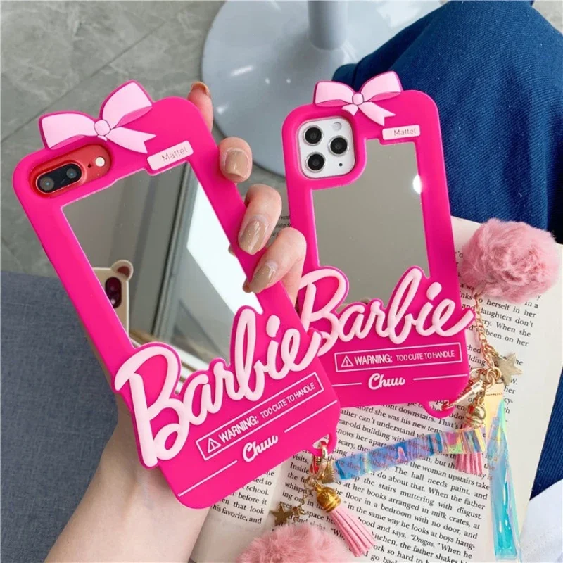 

2023 3D MINISO Barbie Mobile Phone Case Creative Mirror Anti-fall Soft Cover Case with Pendant for IPhone 15 14 13 Promax