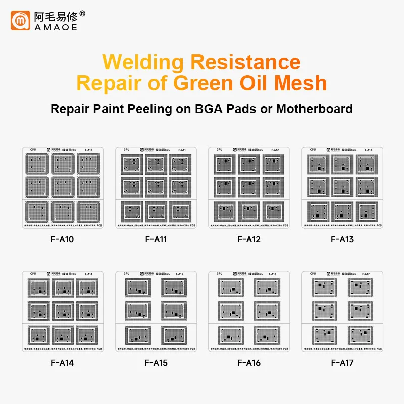 

AMAOE Phone Repair Green Oil BGA Reballing Stencil for A10 A11 A12 A13 A14 A15 A16 A17 BGA PCB Board Welding Resistance Net